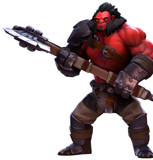 Een gespierde, fantasierijke krijger met een rode huid en zwart haar, gekleed in een harnas en met een grote bijl in zijn handen. Het personage straalt kracht en vastberadenheid uit tegen een zwarte achtergrond