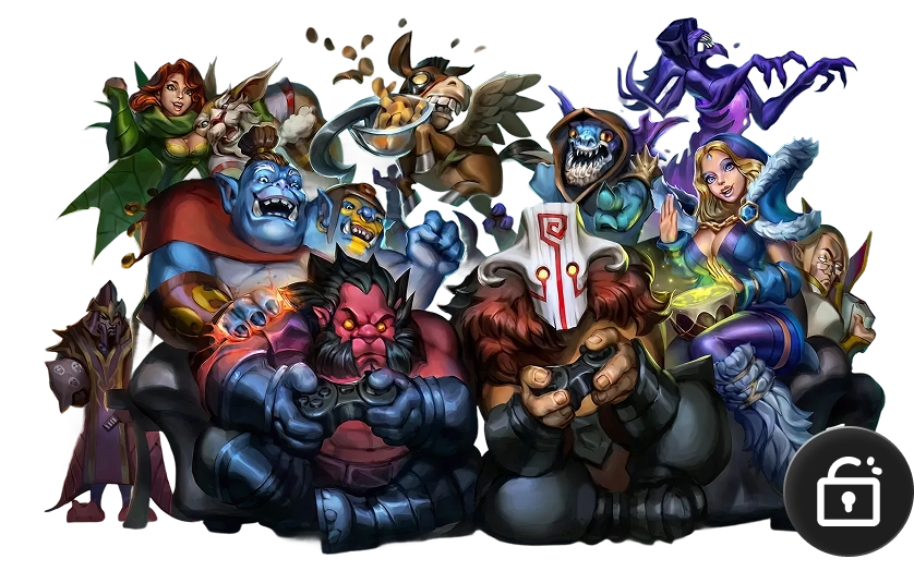 Een groep fantasiefiguren speelt intensief videogames. De scène is kleurrijk en levendig, met uitdrukkingen die opwinding en concentratie weerspiegelen